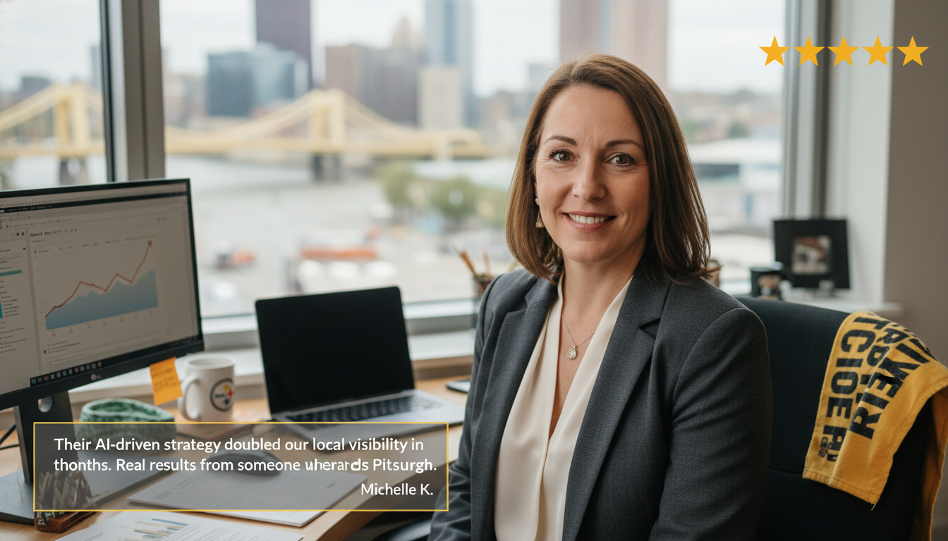 Satisfied Pittsburgh business owner with 5-star review about AI SEO visibility improvements: Pittsburgh