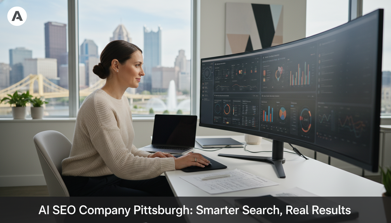 SEO strategist reviewing AI analytics dashboards in modern Pittsburgh tech office: AI SEO services Pittsburgh