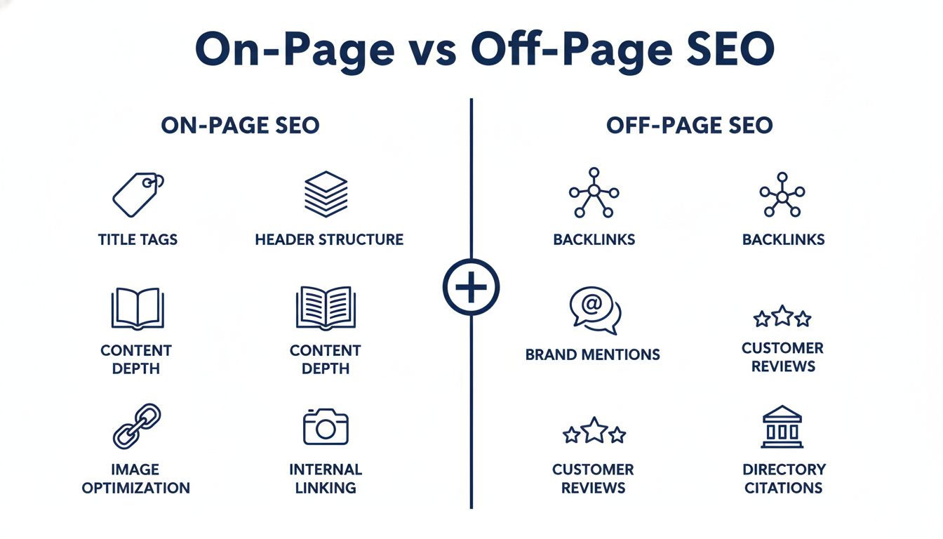 On-Page vs Off-Page SEO comparison diagram for El Paso search optimization