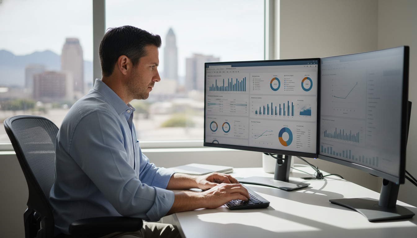 Professional man focused on SEO analytics dashboard in modern El Paso office