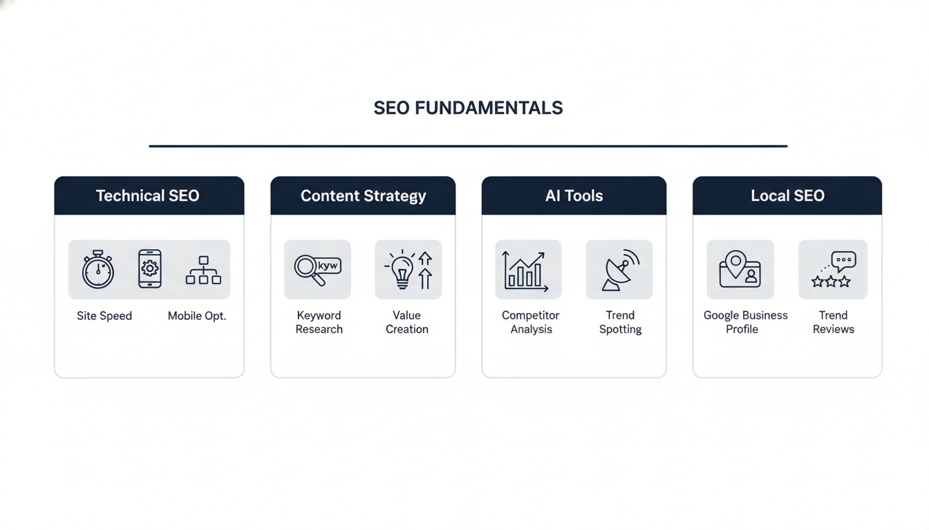 SEO fundamentals: technical, content, AI tools, and local strategy diagram