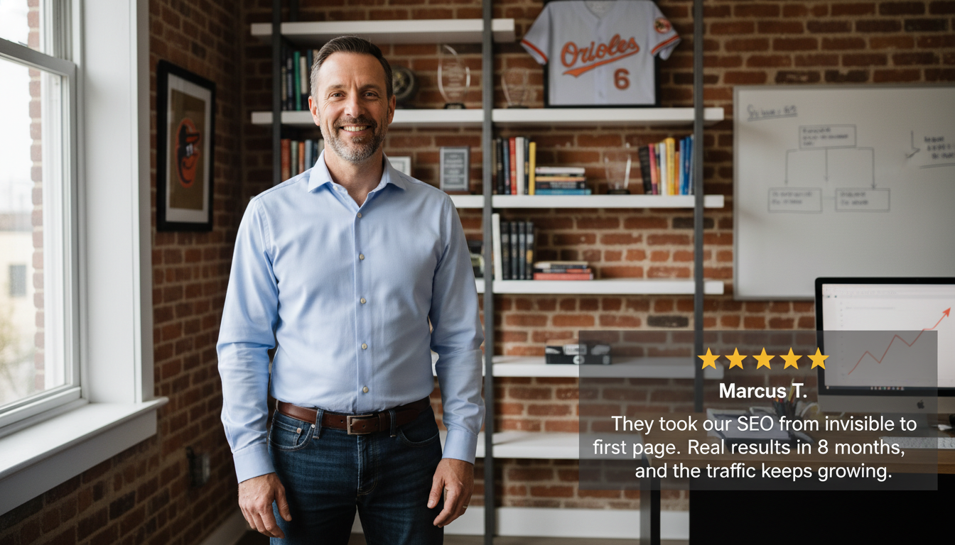 Marcus T.'s 5-star review: Baltimore SEO agency helped achieve first-page rankings