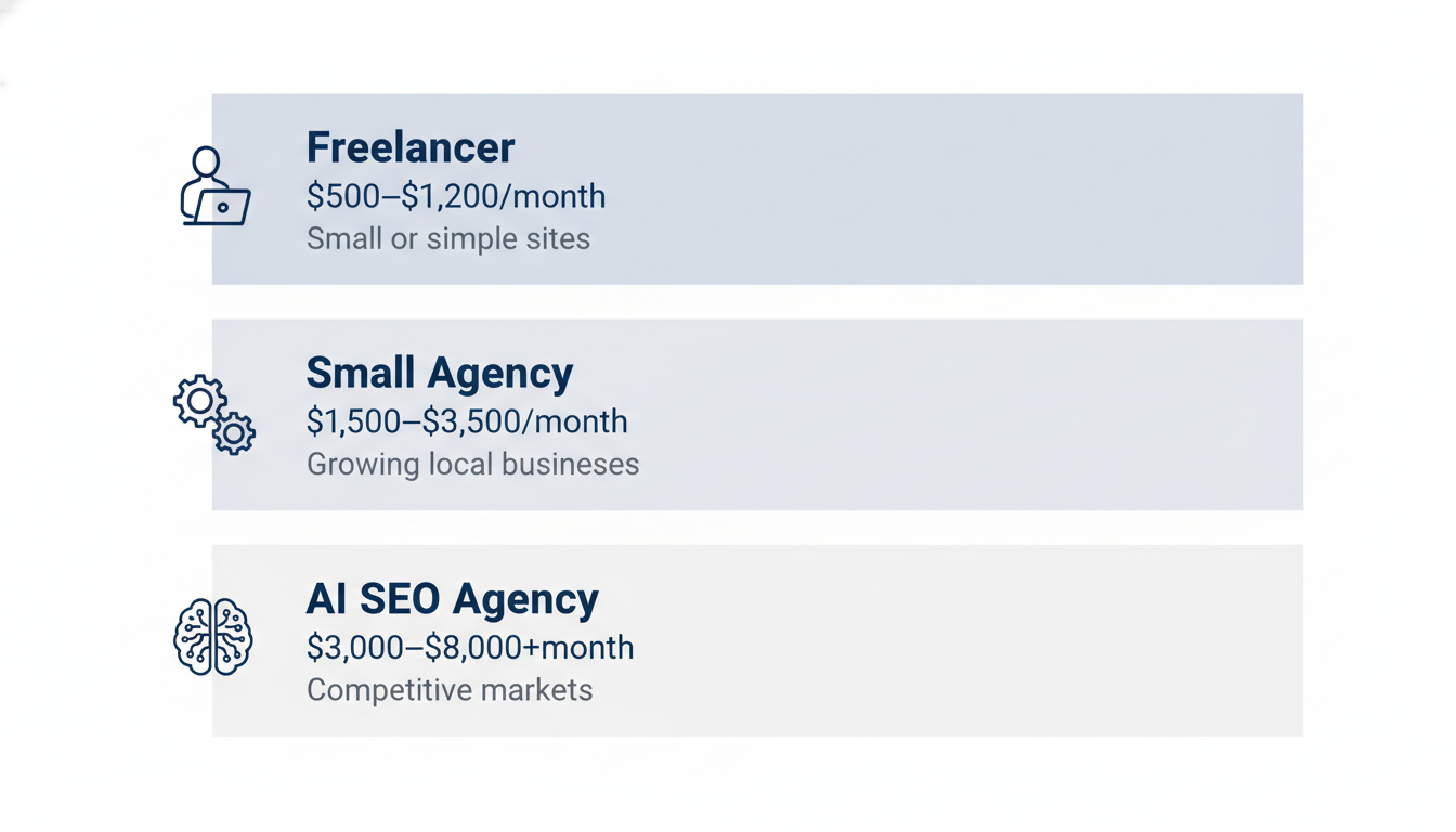 SEO pricing comparison chart for freelancers, agencies, and AI providers