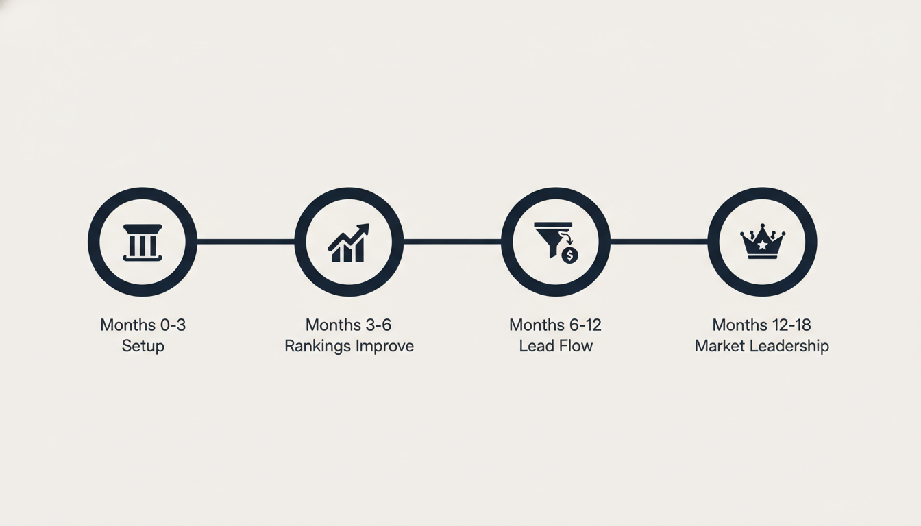 SEO timeline showing results progression from 3 to 18 months