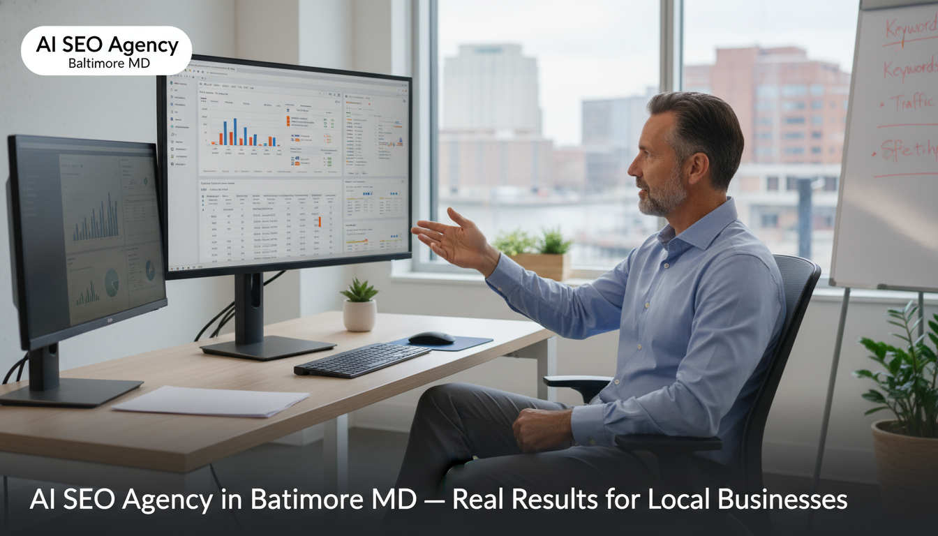 SEO strategist reviewing analytics in modern Baltimore office for AI SEO agency
