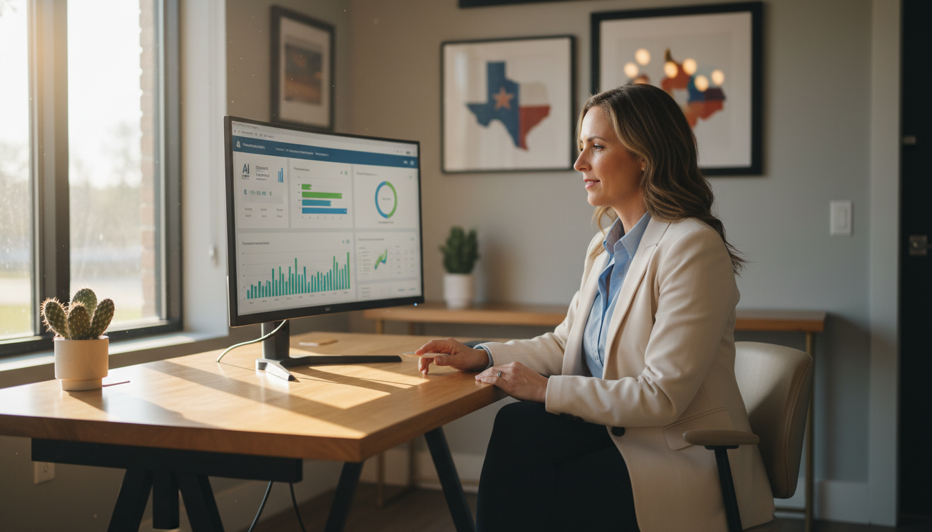 Business owner reviewing AI marketing analytics dashboard in modern office, Columbus, Texas