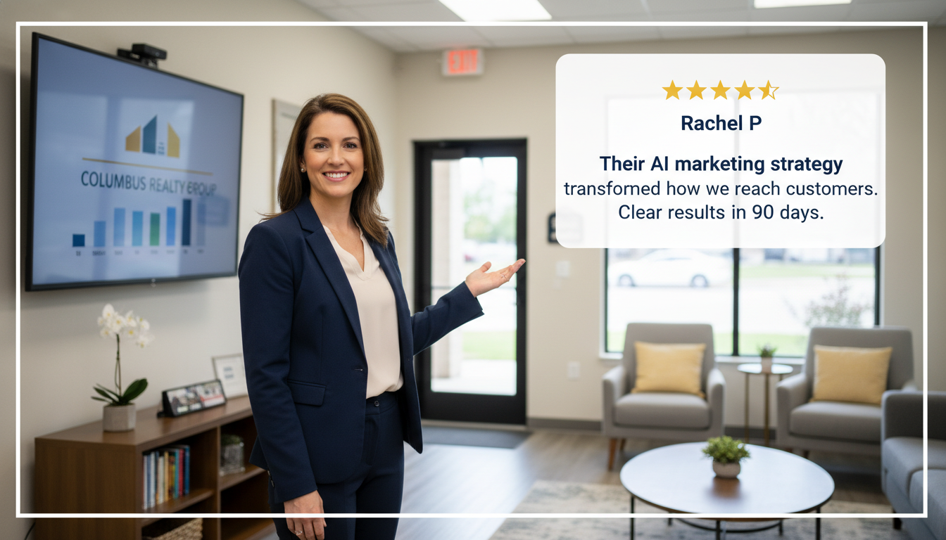 Satisfied business owner testimonial with 5-star review, AI marketing agency, Columbus, Texas