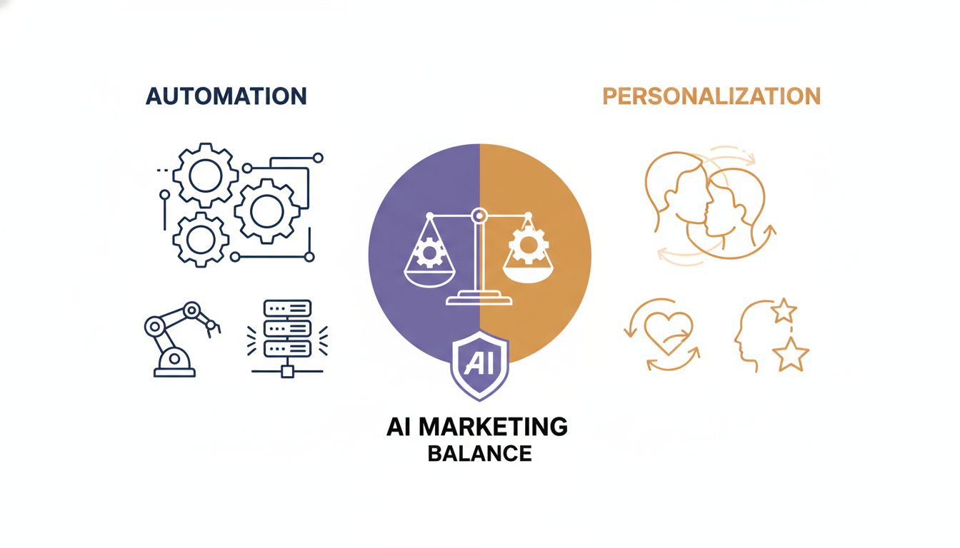 Automation vs. Personalization balance infographic for AI marketing services, Columbus, Texas
