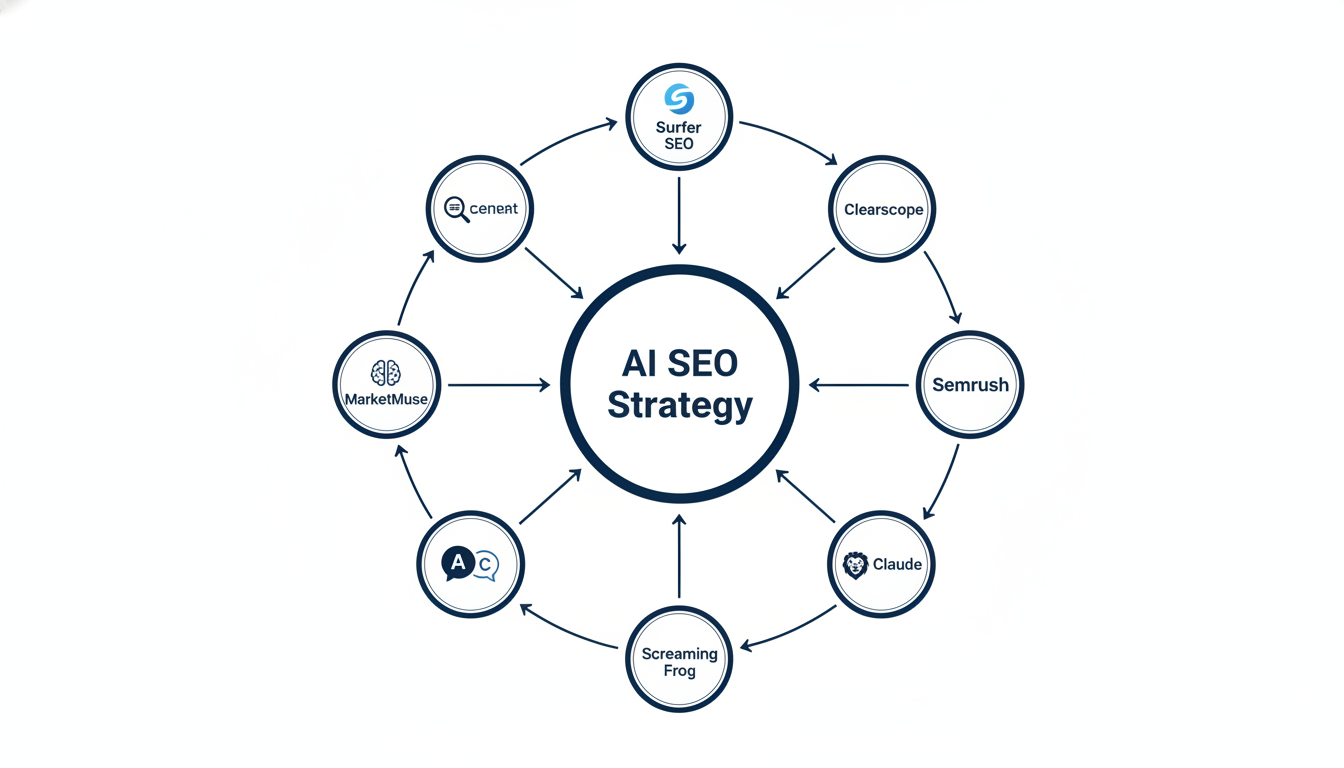 AI SEO tools ecosystem diagram showing Surfer SEO, Semrush, ChatGPT, and other platforms