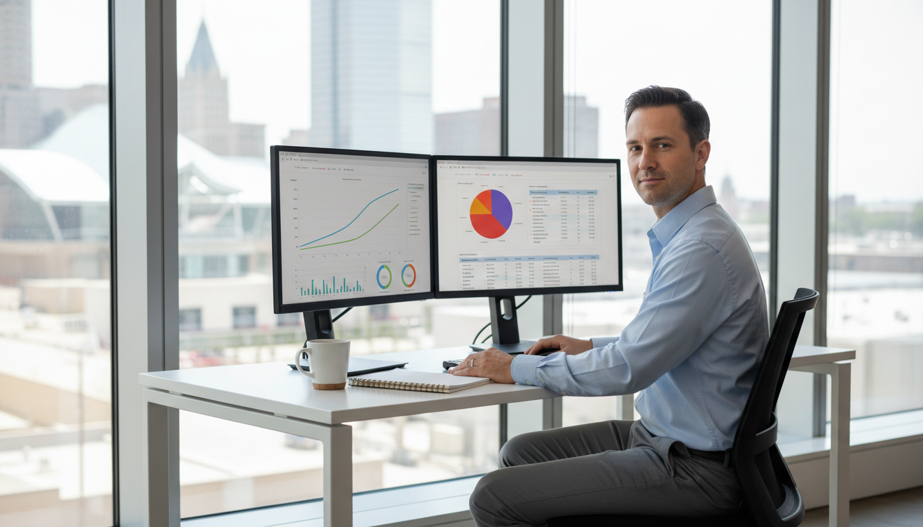 SEO strategist reviewing analytics dashboard in modern Milwaukee office with city skyline view