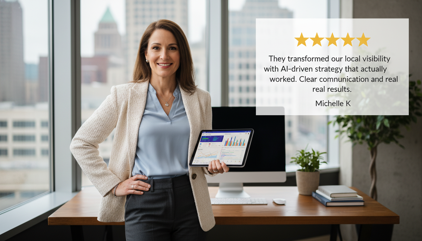 Business owner with 5-star review testimonial about AI-driven SEO results in Milwaukee