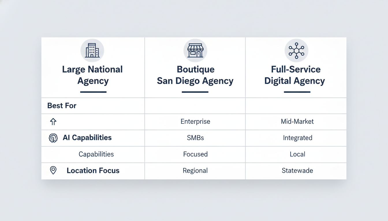 Agency types comparison table: Large National vs Boutique San Diego vs Full-Service Digital agencies and capabilities