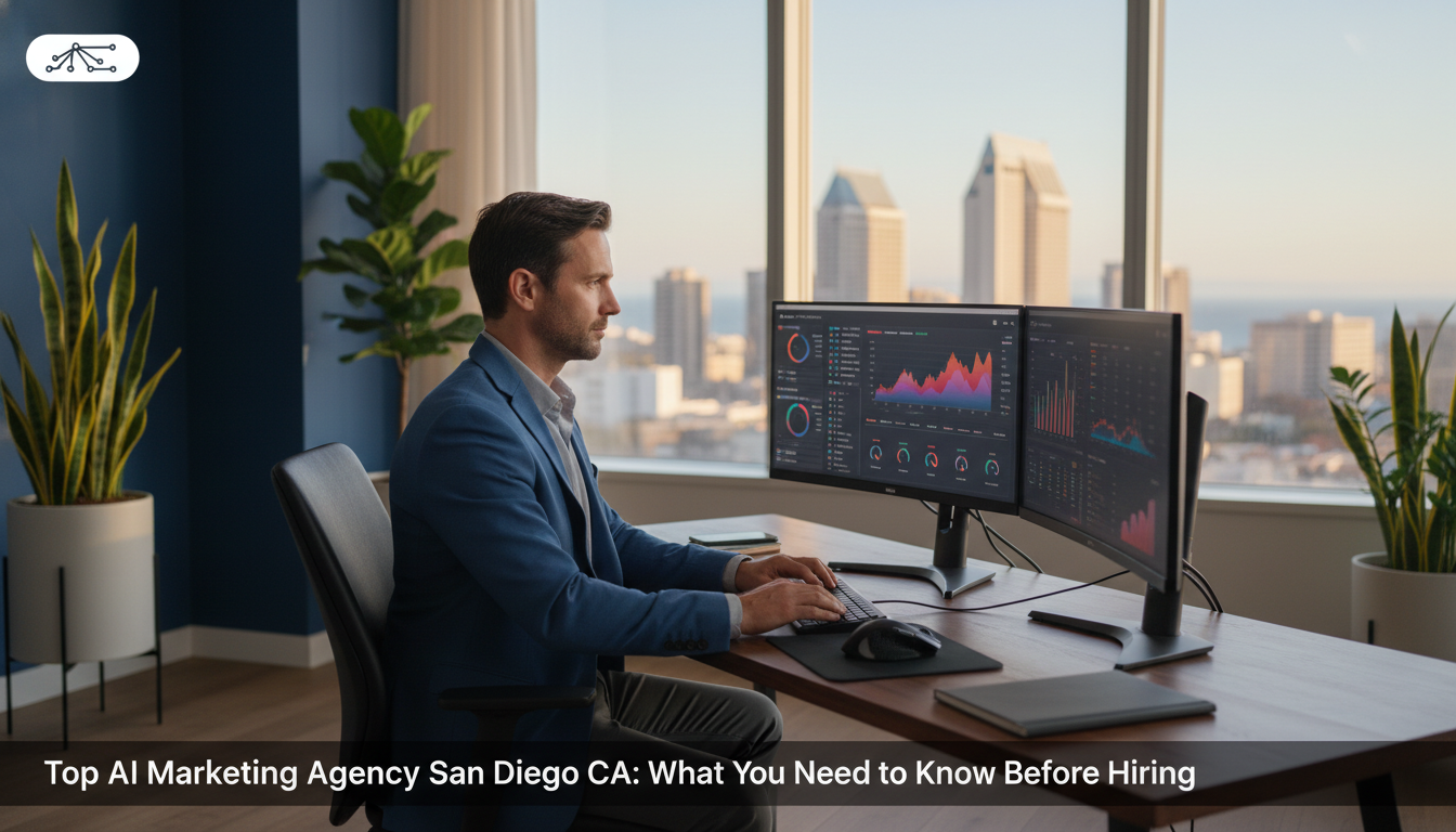 AI marketing strategist working at modern desk with analytics dashboards in contemporary San Diego tech office with city view