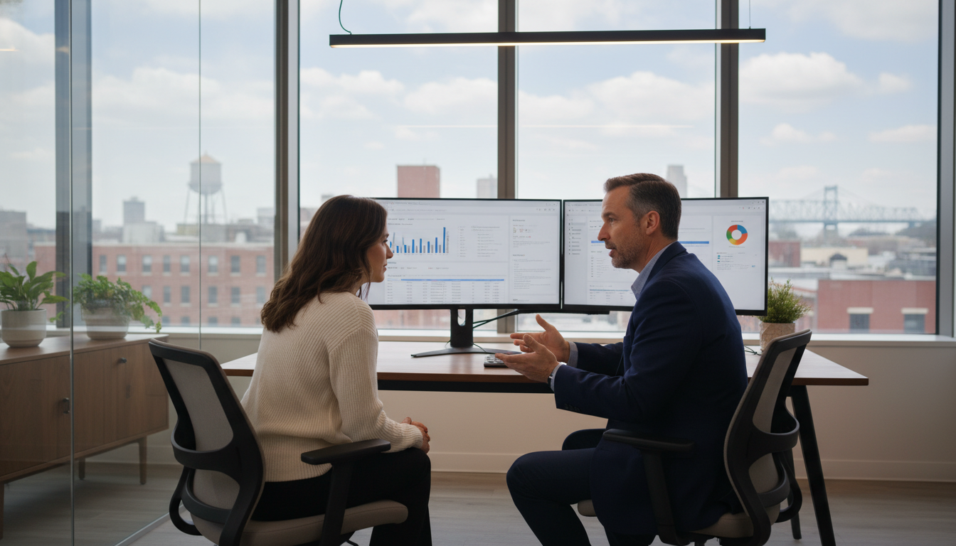 AI SEO consultant explaining strategy to business owner in modern office with analytics dashboard visible, Trenton NJ
