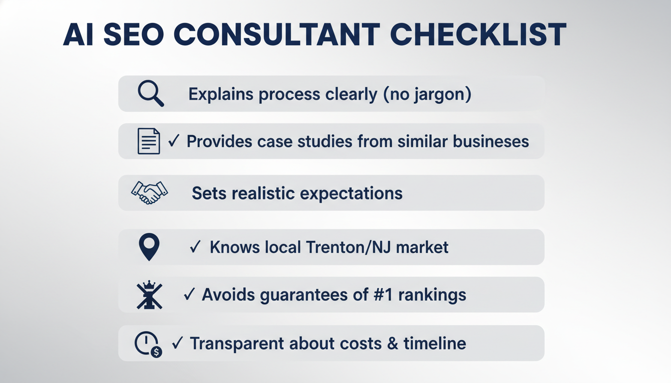 Checklist of six criteria for evaluating AI SEO consultant quality and reliability