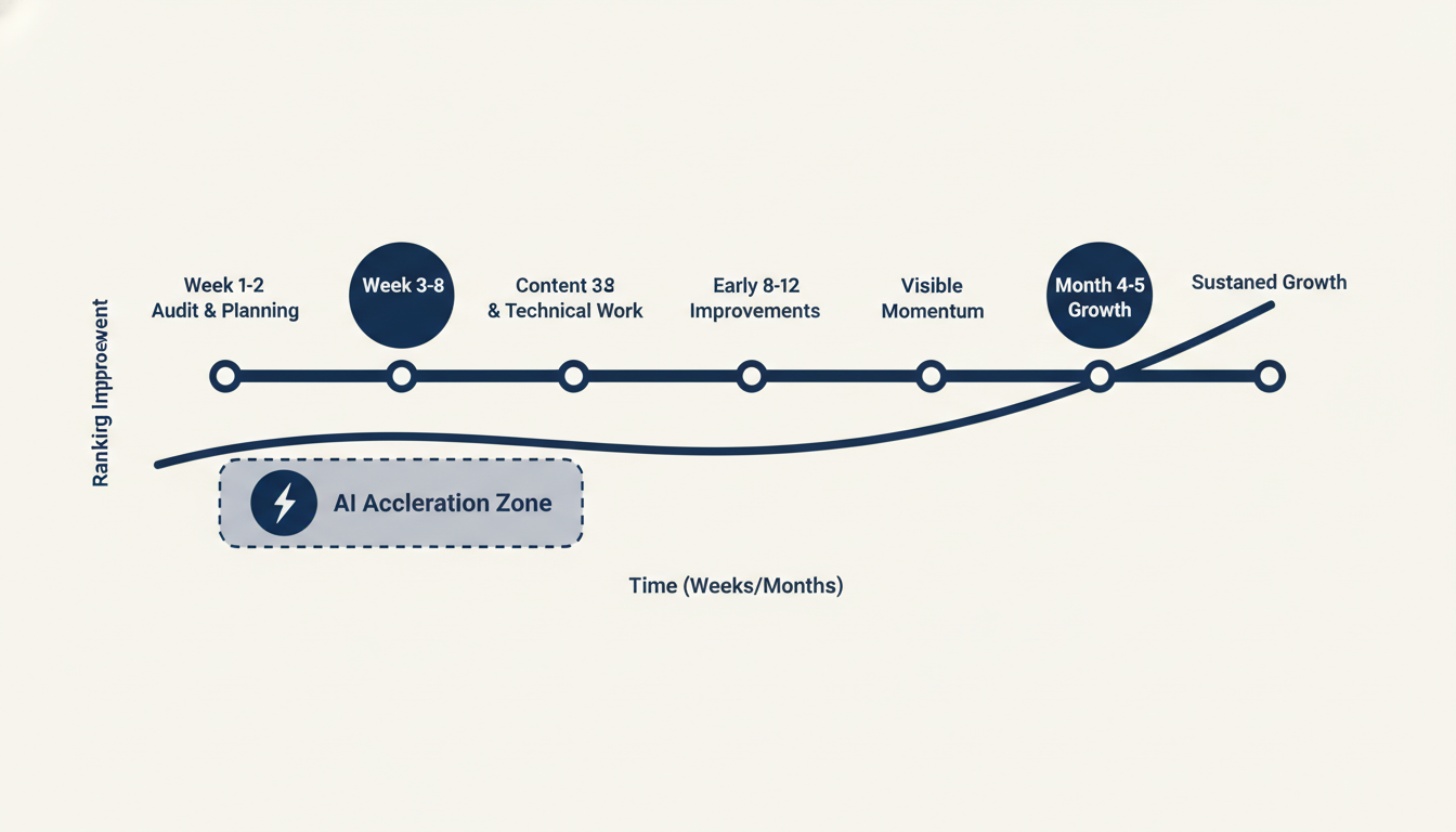 SEO timeline showing ranking improvements over 6 months with AI acceleration zone highlighted