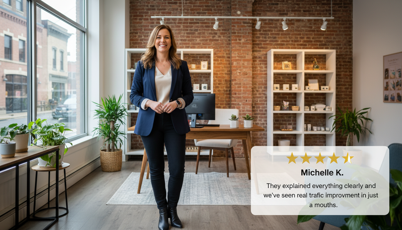 Business owner testimonial with 5-star rating: clear explanation and real traffic improvement results