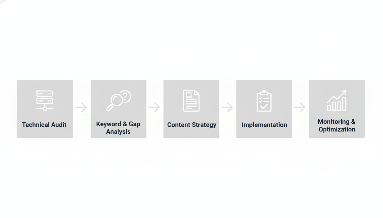 Five-step AI SEO consulting process flow: audit, analysis, strategy, implementation, optimization