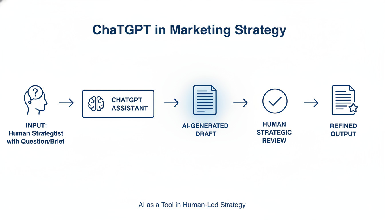 ChatGPT workflow diagram showing AI as assistant in human-led marketing strategy process