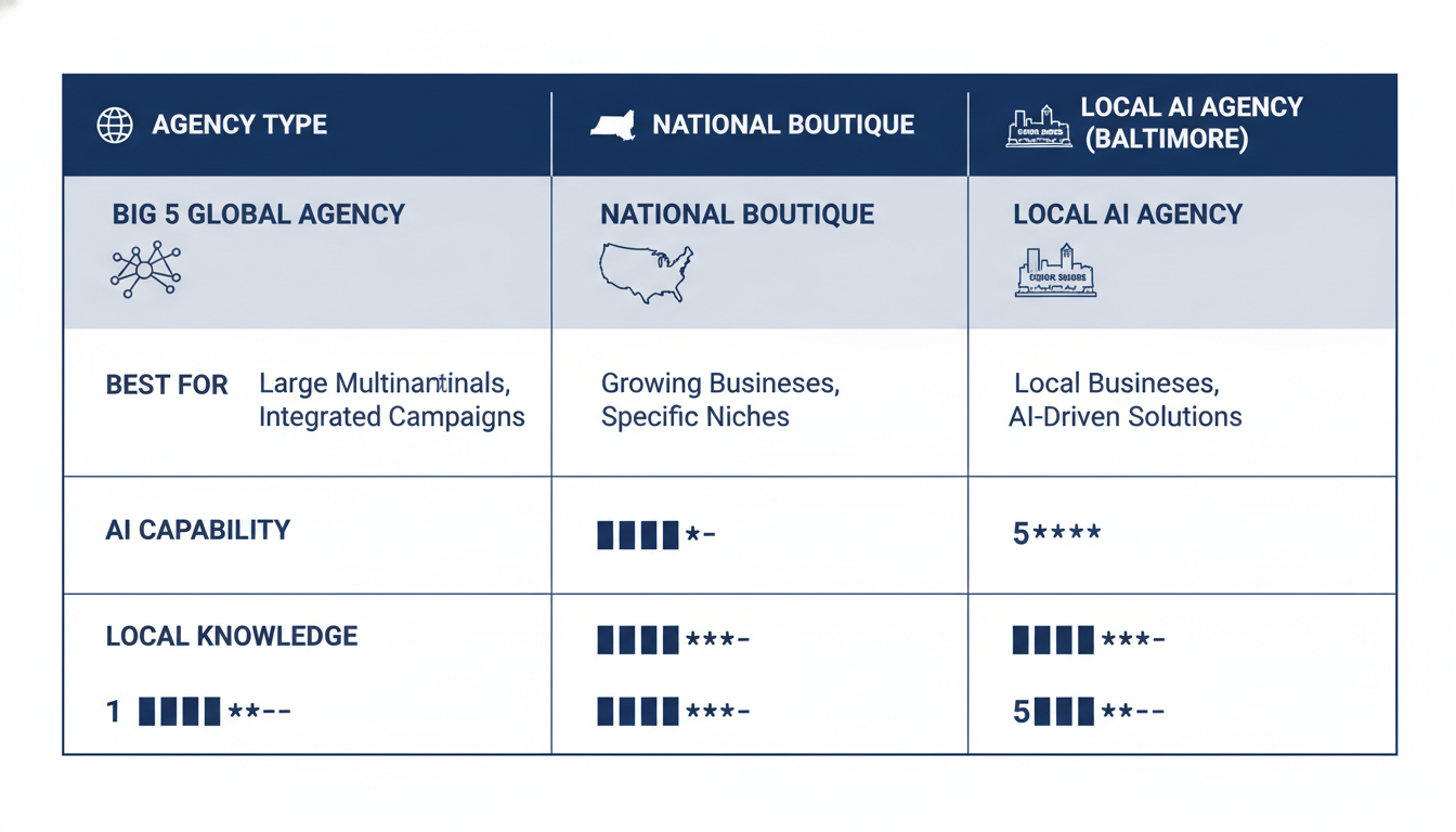 Comparison matrix of Big 5, National Boutique, and Local AI agencies for Baltimore marketing