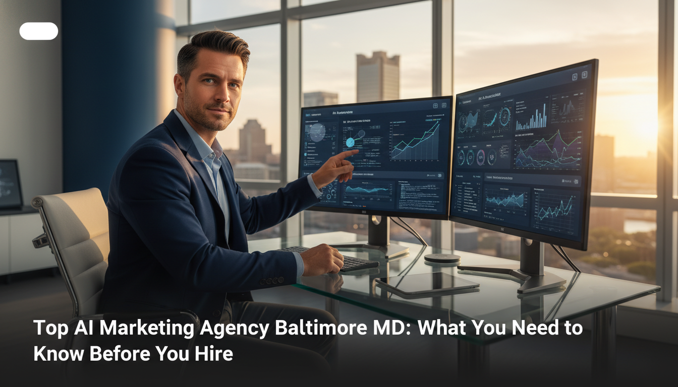 Professional AI marketing strategist at modern Baltimore office overlooking Inner Harbor skyline