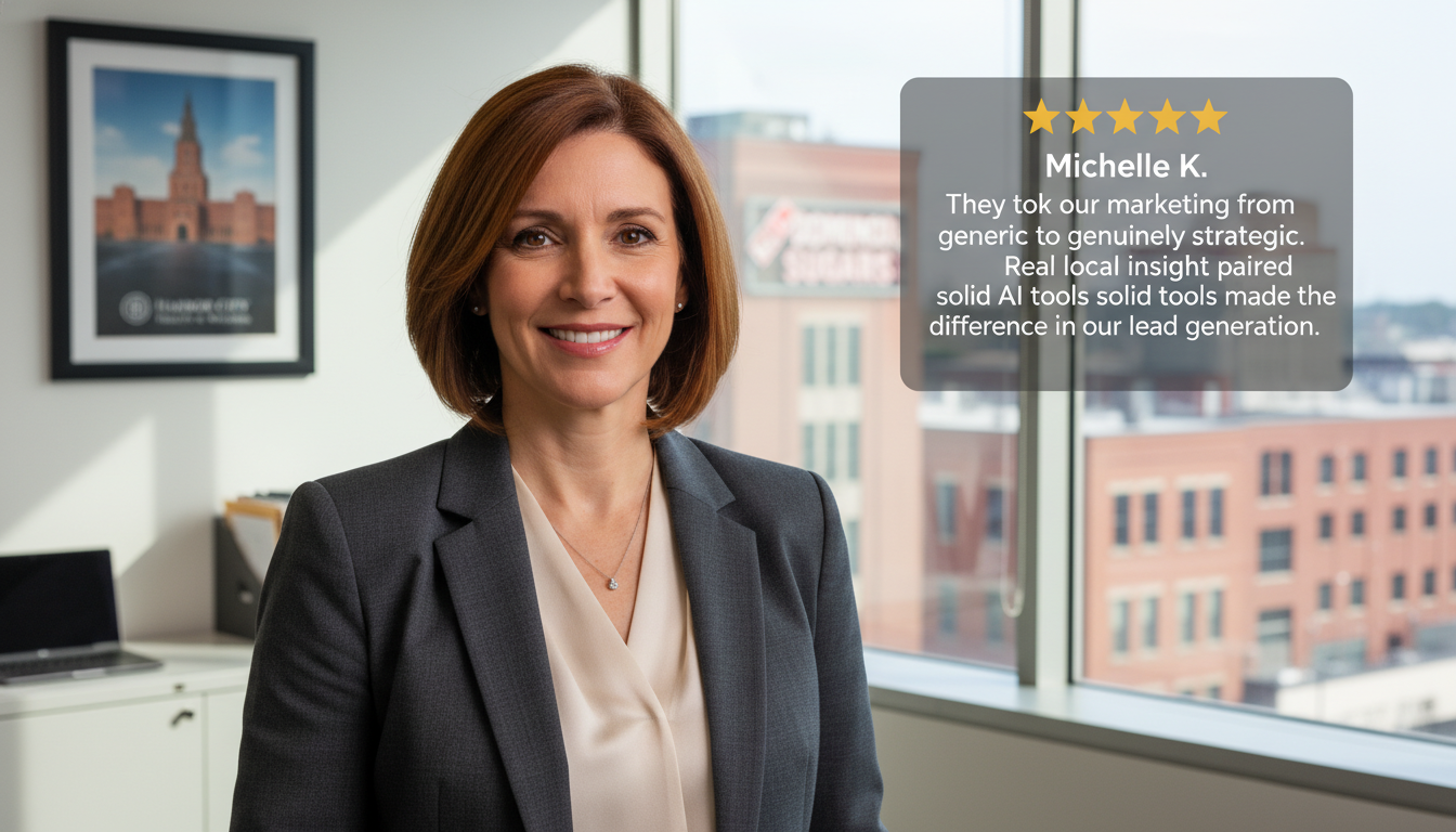 Business owner testimonial with 5-star review about AI marketing agency results Baltimore
