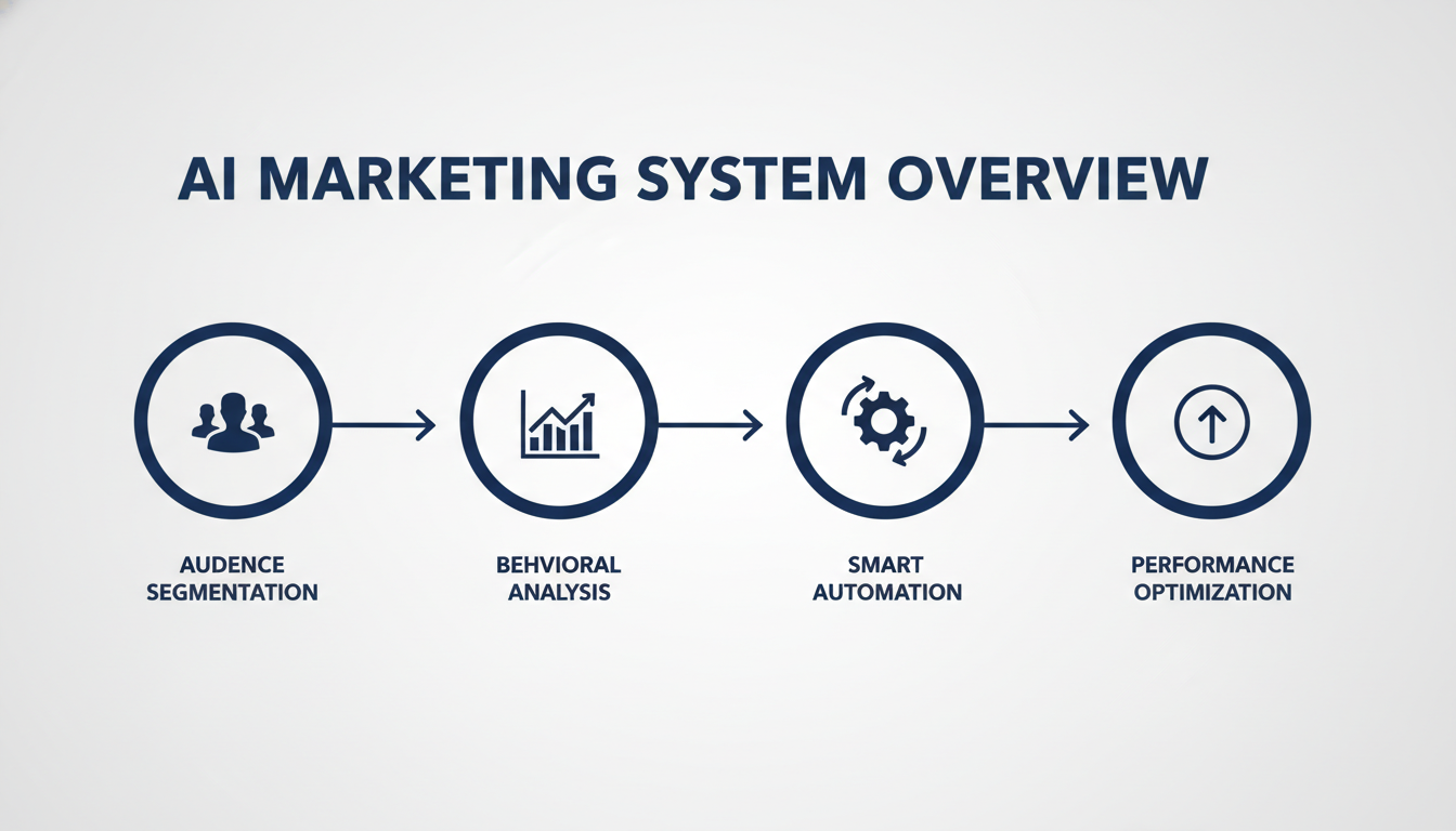 AI marketing system flowchart showing segmentation, analysis, automation, optimization process