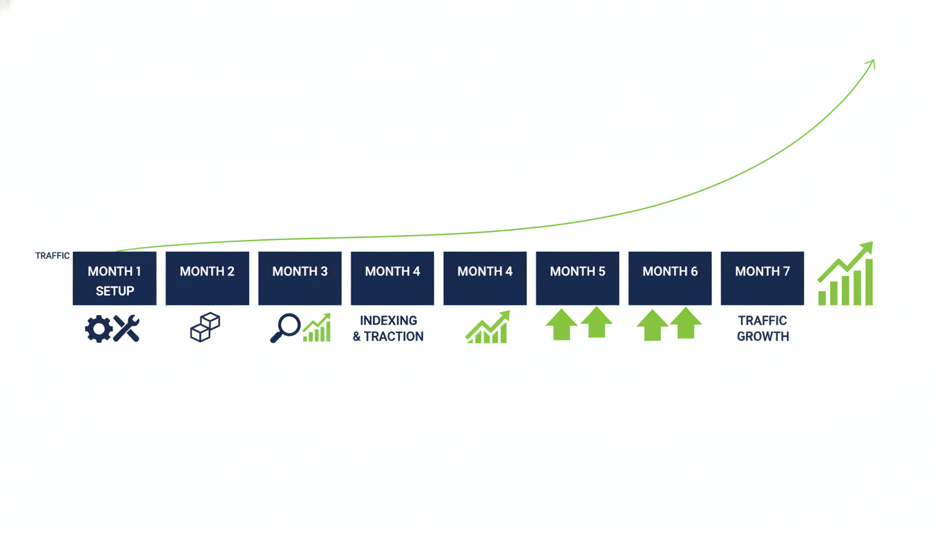 7-month programmatic SEO timeline: Setup, indexing, and traffic growth progression