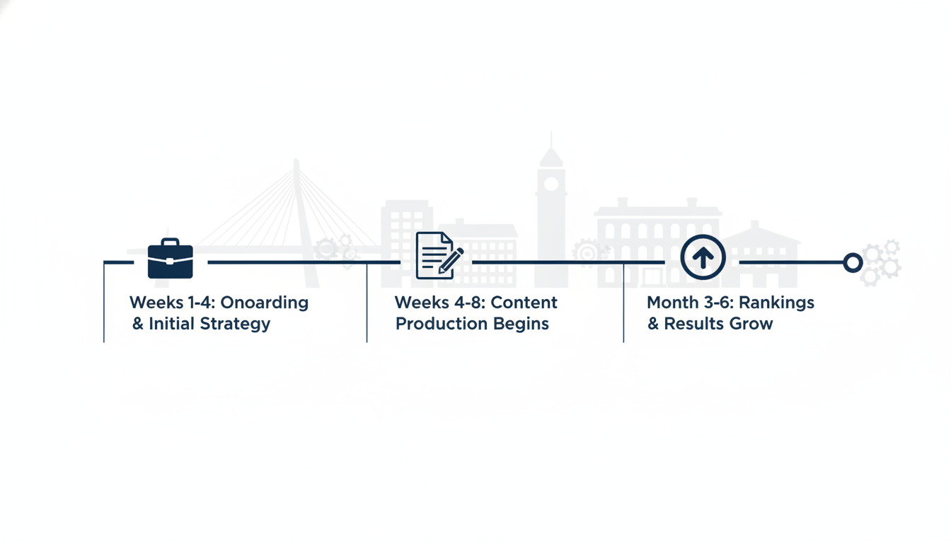 Timeline showing content marketing phases from onboarding through 6-month results window, Boston, MA