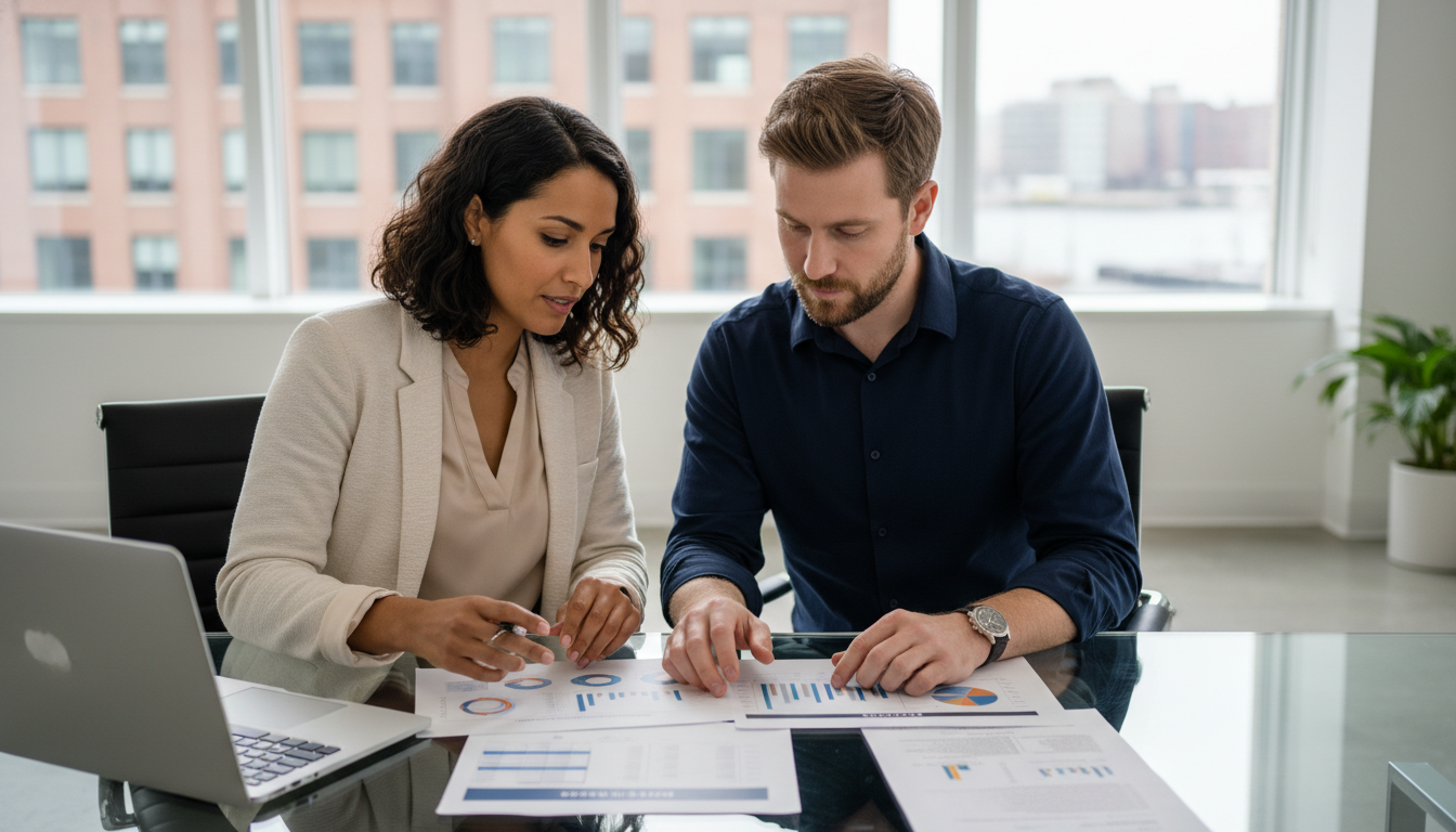 Content strategist and client reviewing AI marketing strategy in modern Boston agency office, Boston, MA