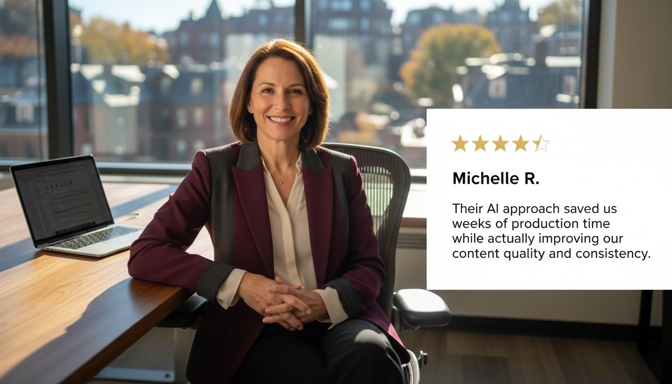 Satisfied business owner testimonial about AI content marketing results and consistency, Boston, MA