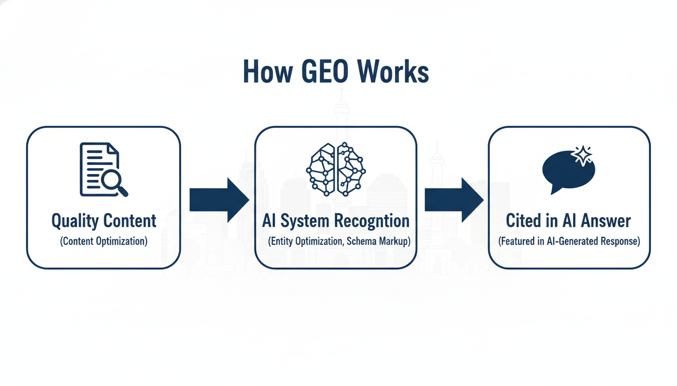 GEO process flowchart: Content → AI Recognition → AI Answer Citation
