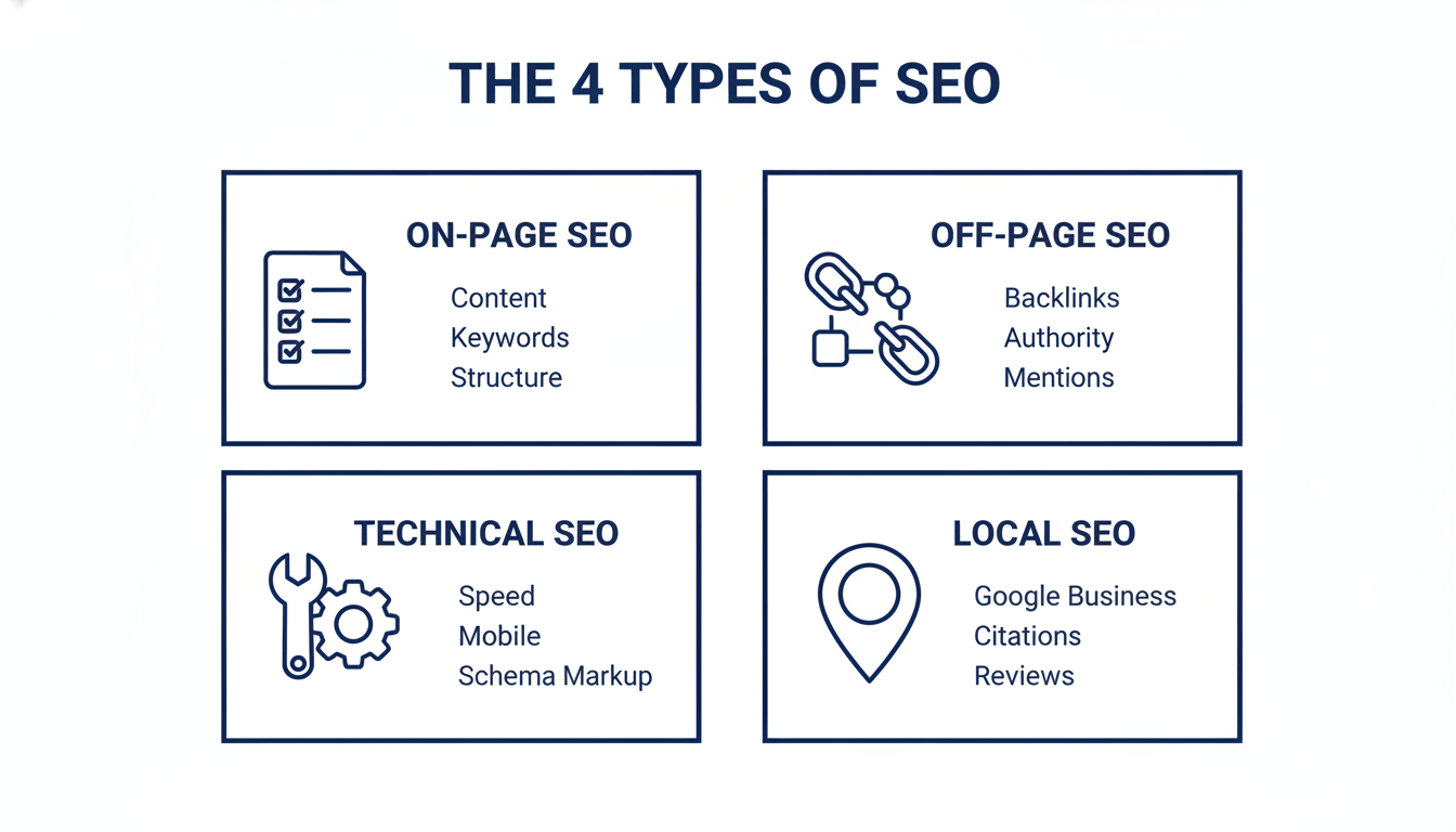 Four types of SEO infographic: On-Page, Off-Page, Technical, and Local SEO