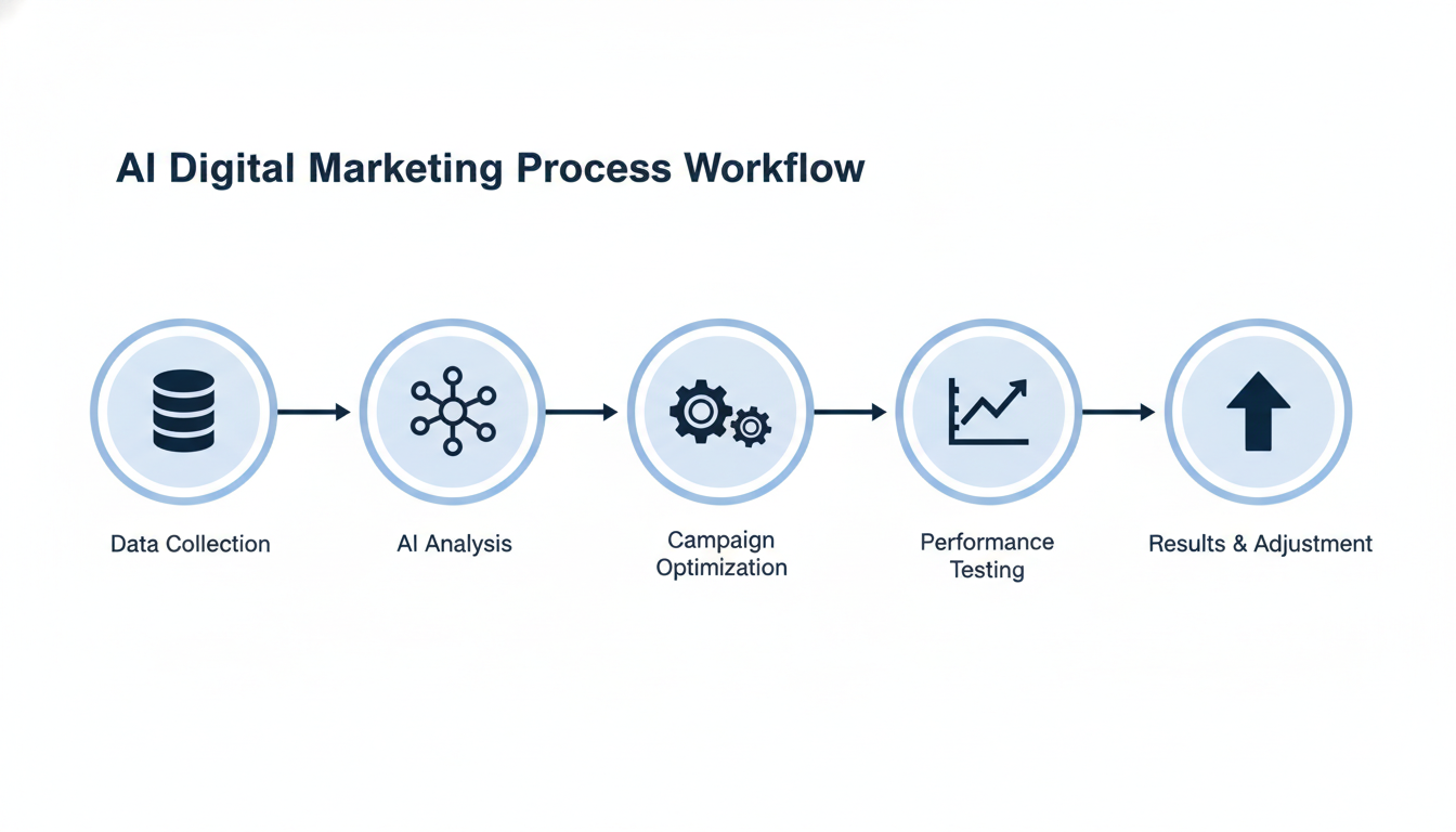 AI marketing workflow diagram showing data collection, analysis, optimization, testing, and results