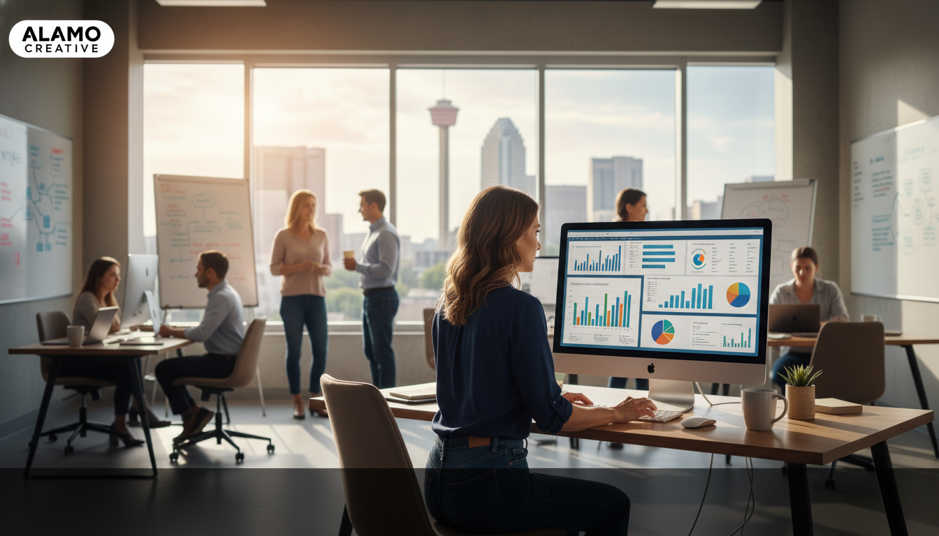 Marketing team working on AI analytics dashboards in modern San Antonio office with natural lighting