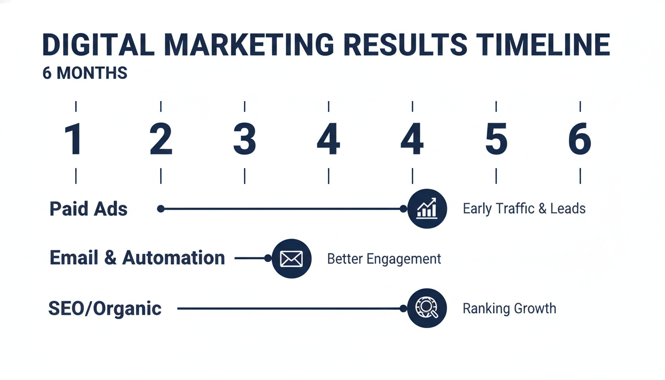 Digital marketing results timeline showing paid ads, email, and SEO results across 6 months