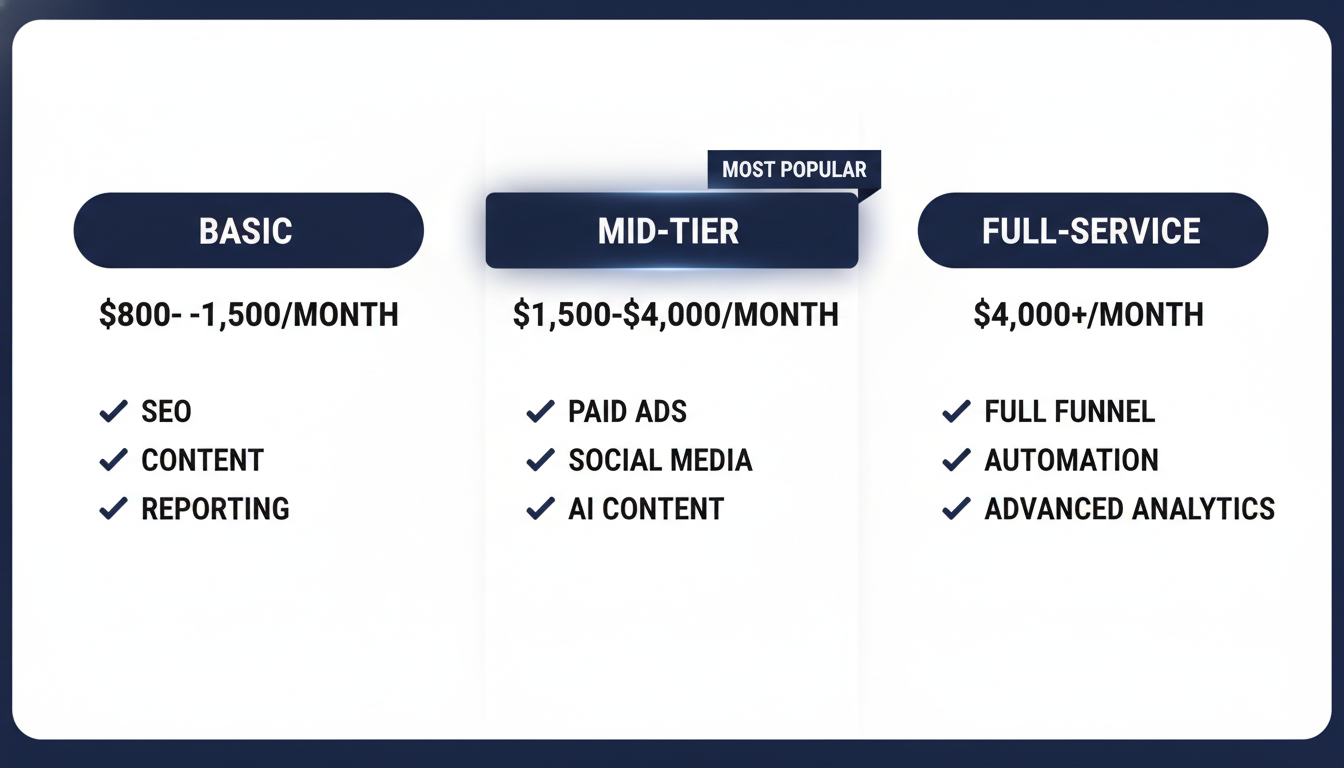 Pricing tiers comparison infographic: Basic, Mid-Tier, and Full-Service digital marketing packages