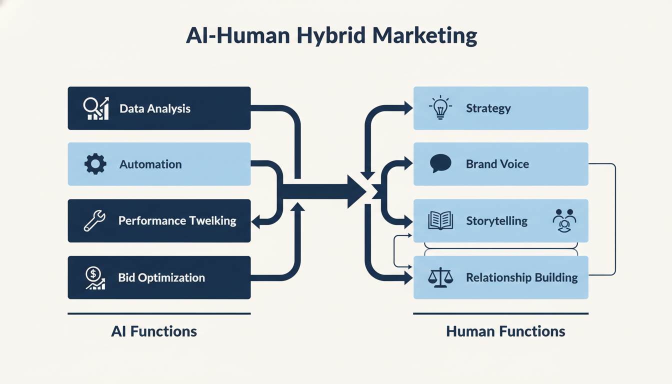 AI and human marketing collaboration workflow showing data automation plus strategic human functions
