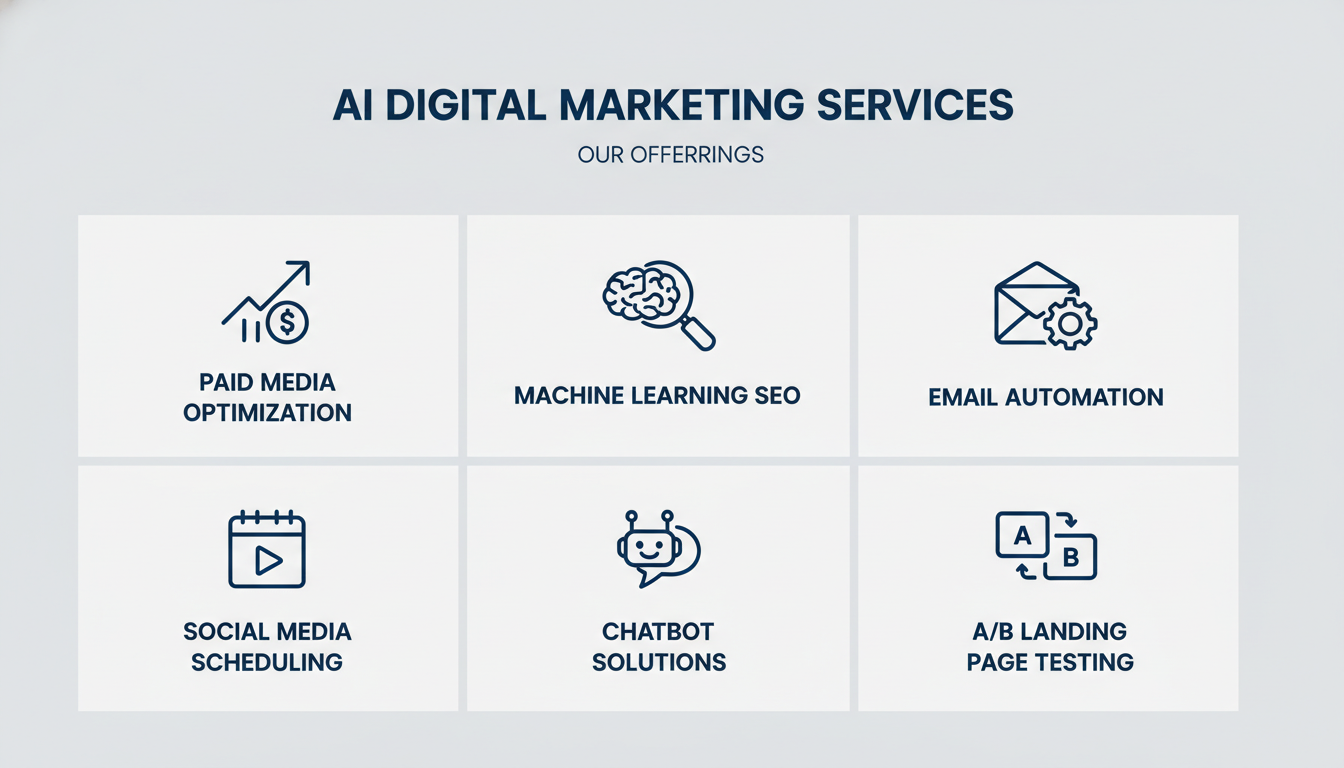Six core AI marketing services: paid media, SEO, email automation, social scheduling, chatbots, A/B testing