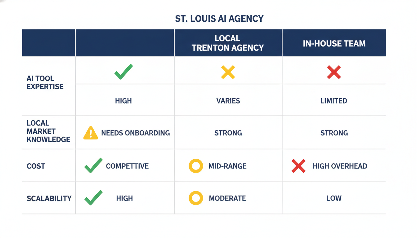 Comparison chart: St. Louis AI agency vs. local Trenton agency vs. in-house team capabilities