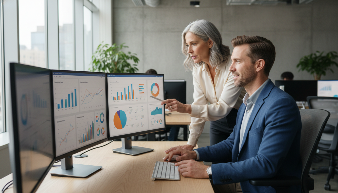 Marketing strategist reviewing AI analytics dashboard with client in modern office, digital marketing