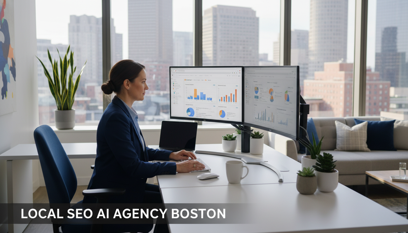 Professional SEO strategist working at modern office desk with analytics displays overlooking Boston skyline for Local SEO AI Agency Boston