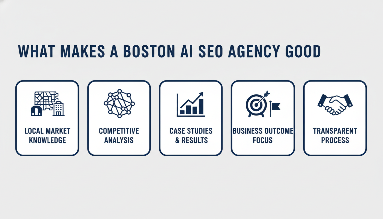 Framework showing key criteria for Boston AI SEO Agency: local knowledge, competitive analysis, case studies, outcomes, transparency