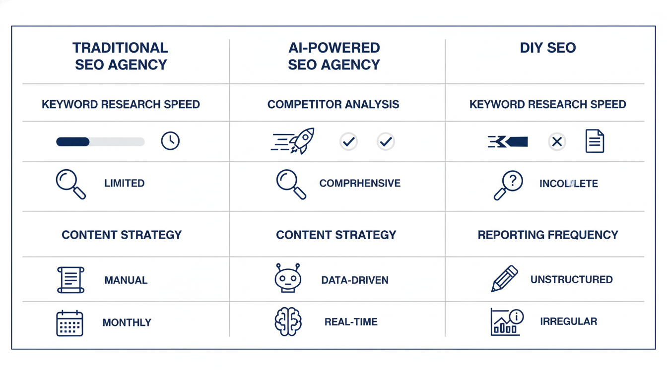 Comparison chart: Traditional SEO vs AI-Powered SEO vs DIY showing speed, analysis, strategy, and reporting for Boston Local SEO