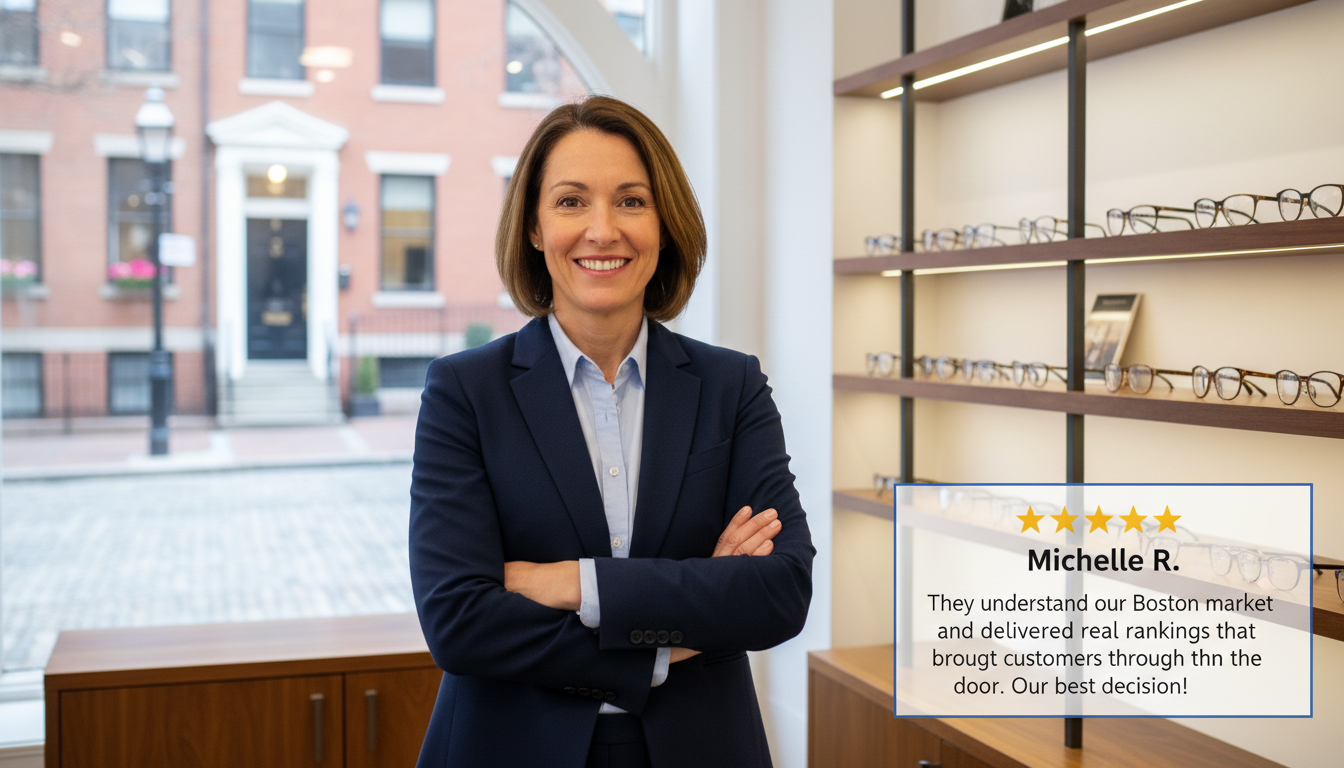 Satisfied Boston business owner with 5-star review testimonial about Local SEO AI Agency improving search visibility and customer traffic