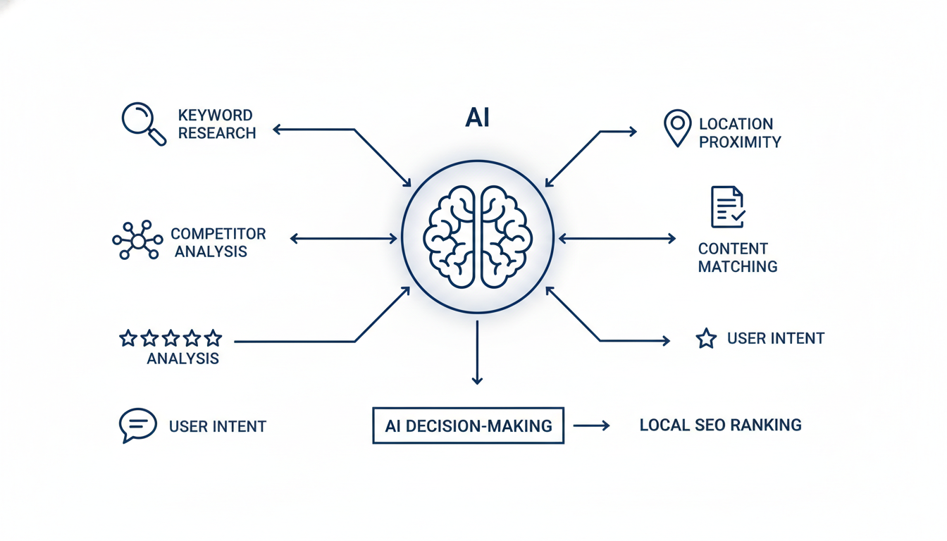 AI data processing flowchart showing keyword research, competitor analysis, reviews, intent, and rankings for Local SEO AI Boston
