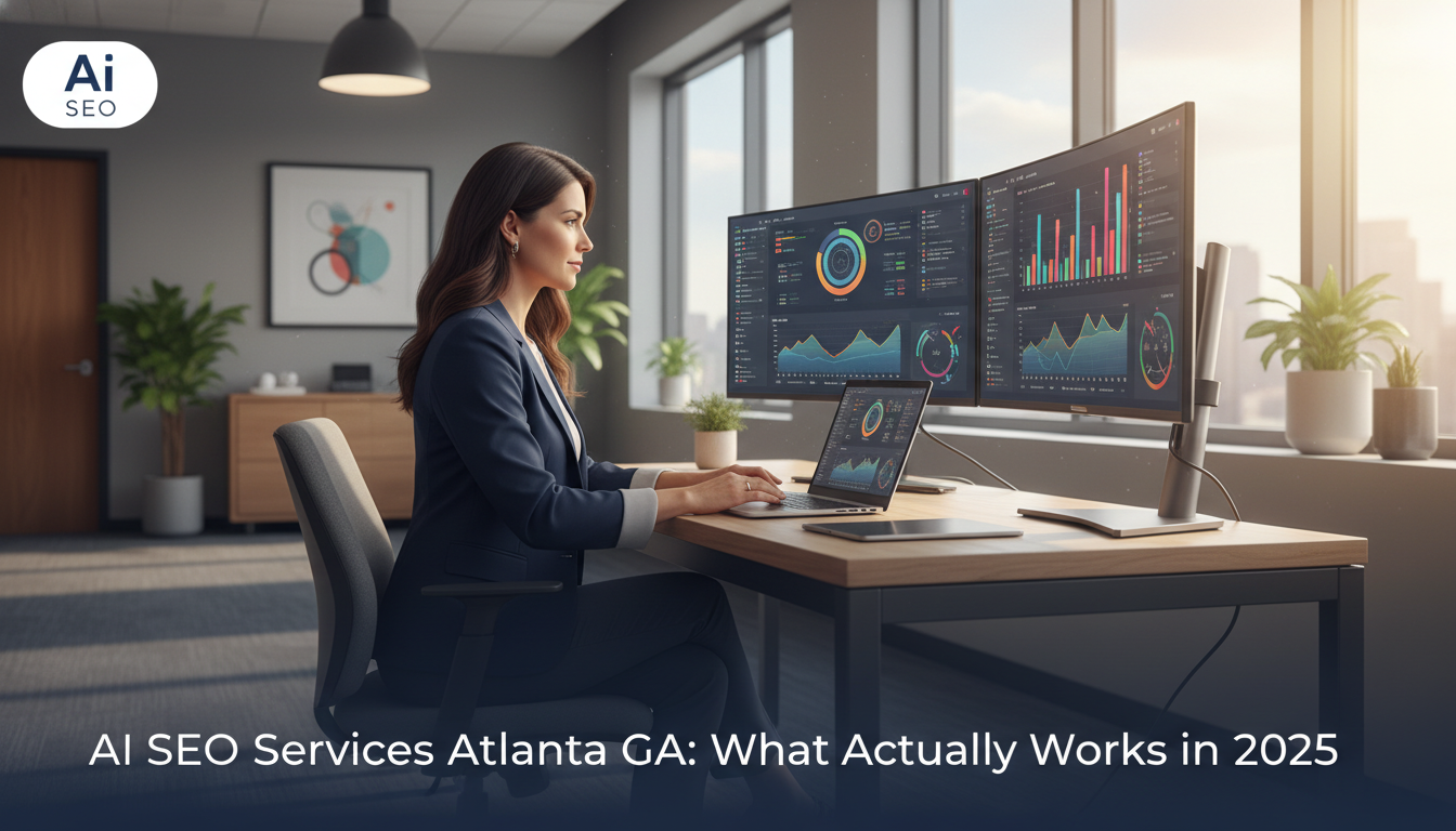 Professional woman analyzing SEO analytics on dual monitors in modern Atlanta office with natural window light, AI SEO Services