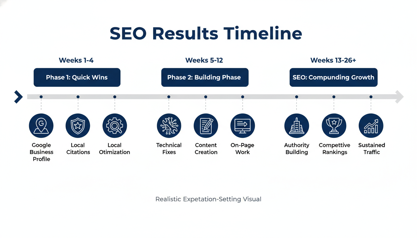 SEO Results Timeline diagram showing three phases of progress over weeks and months, Atlanta GA search ranking growth