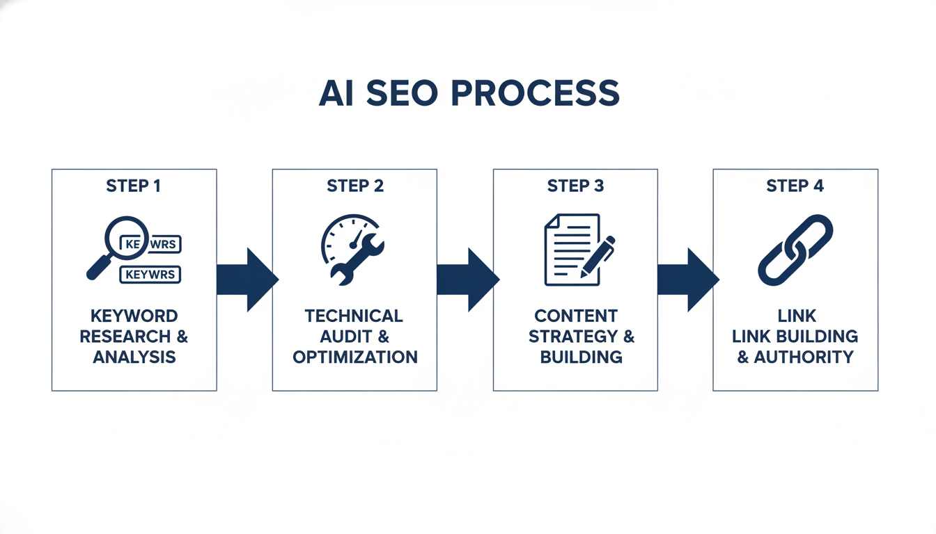 AI SEO Process infographic showing four steps: keyword research, technical audit, content strategy, and link building for Atlanta SEO