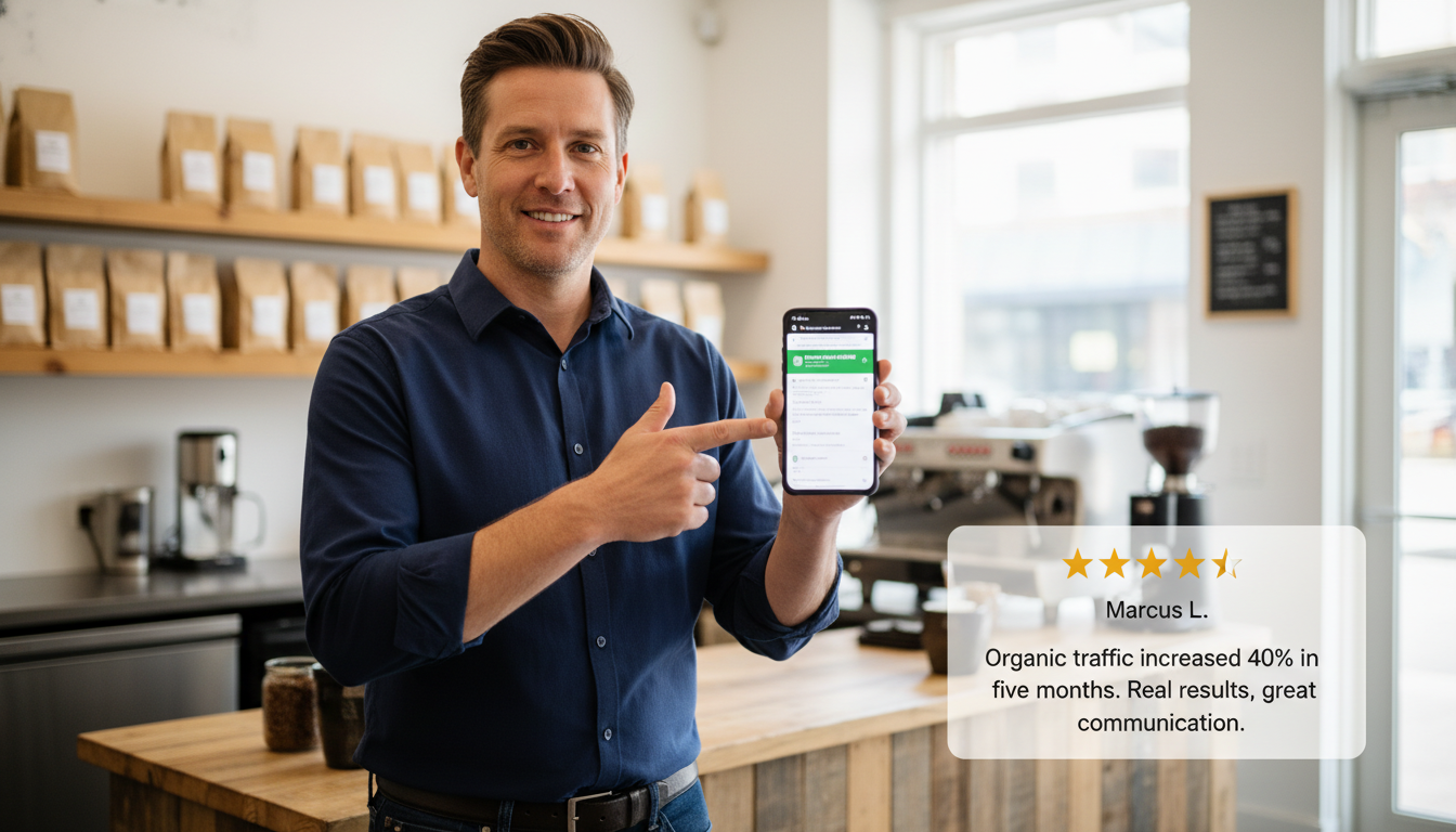 Male business owner in retail shop with five-star review card: 'Organic traffic increased 40% in five months. Real results, great communication' - Marcus L.